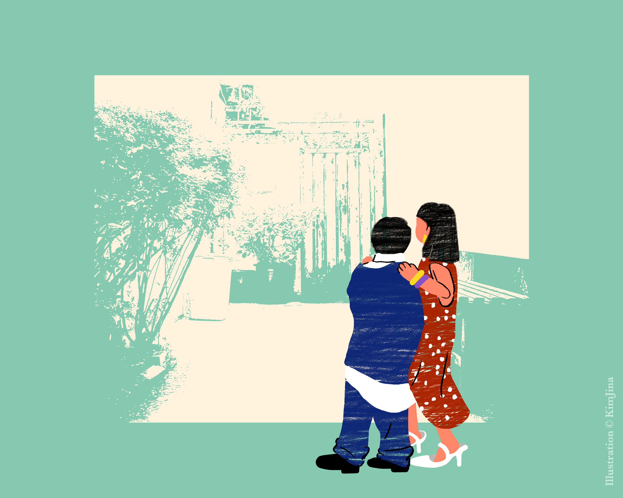 헐렁한 부모님의 옷을 입고 어른이 된 설레는 기분으로 골목길을 나서는 나와 동생.  illustration Kim Jina  