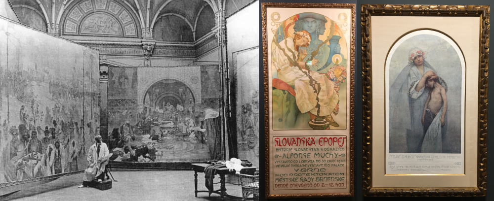 <슬라브 서사시>(1912~1926) 연작을 작업하는 무하 ©Wikimedia / <슬라브 서사시 전시회 포스터>(1928), <보헤미아의 마음>(1917) 