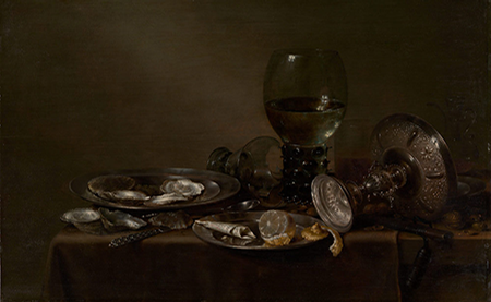 빌렘 클라스 헤다(Willem Claesz Heda)의 <굴, 은제 컵, 유리잔이 있는 정물화(Still Life with Oysters, a Silver Tazza, and Glassware)>