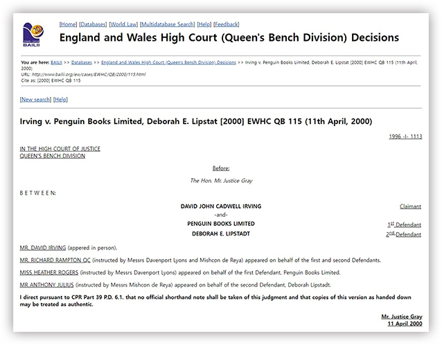 England and Wales High Court (Queen's Bench Division) Decisions / Irving v. Penguin Books Limited, Deborah E. Lipstat [2000] EWHC QB 115 (11th April, 2000)