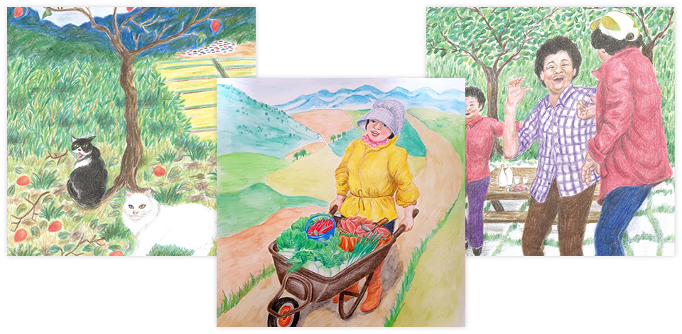 김순복씨가 그린 그림들 (좌측부터 감나무와 고양이, 손수레 끄는 그림, 노세)