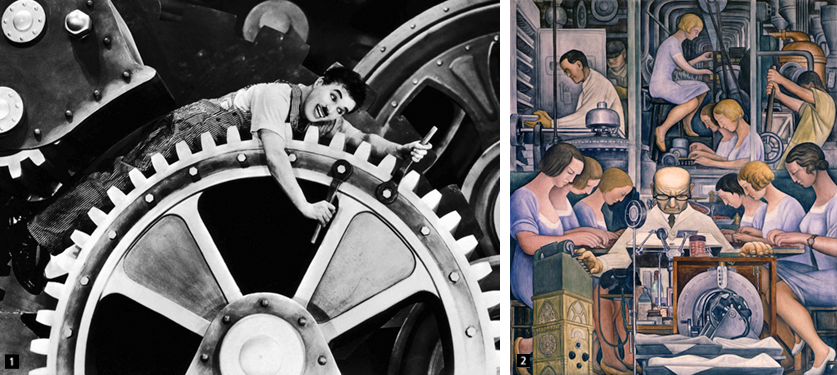 (왼쪽) 코미디 무성영화 모던 타임즈의 한 장면, (오른쪽) 디에고 리베라가 그린 디트로이트 산업