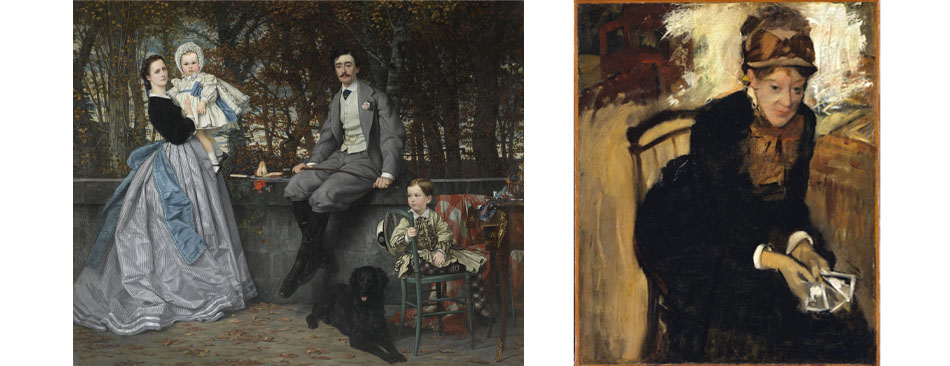 왼) 제임스 티소, 미라몽 후작과 후작부인, 그들의 아이들, 1865, 캔버스에 유화, 177 x 217 cm, Musée d'Orsay(오르세미술관), 오) 에드가 드가, 카드를 쥐고 앉아 있는 메리 카사트, 1884, 캔버스에 유화, 60 x 74 cm, 메이어 컬렉션