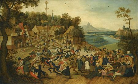 피터 브뢰겔 아들(Pieter Brueghel the Younger) 성 조지 기념 축제 장터에서 메이폴 5월제 기둥 아래에서 춤추는 사람들,  1620-25년 경, 참나무판에 유채,