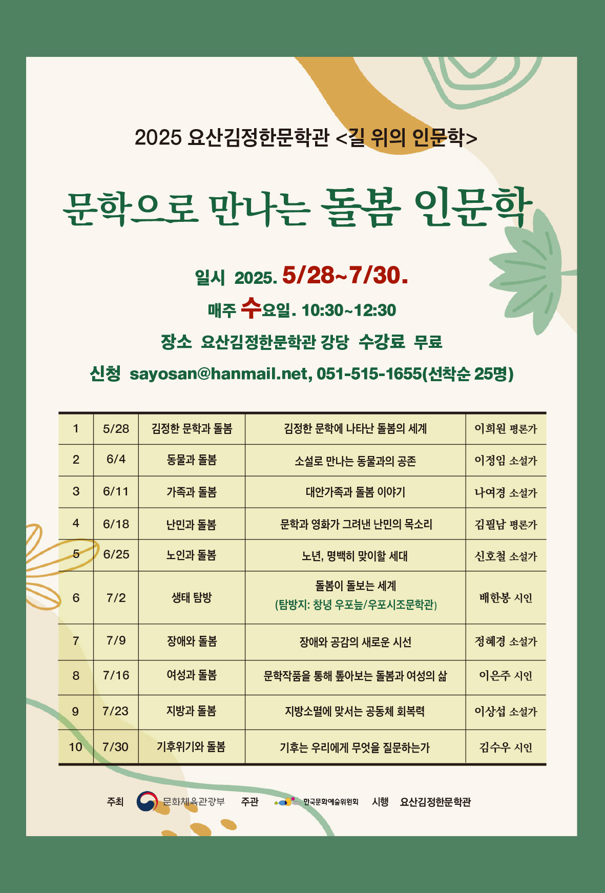 - 본 기관이 있는 지역은 행정안전부 지정 인구감소 관심지역에 속한 곳으로 ‘돌봄’의 문제는 더욱 절실한 키워드이다. 
- 인구감소 해법에서 가시적인 정책들이 쏟아지지만, 계량화할 수 없는 근본적인 해법은 ‘함께 살만한 세상’임을 공유하는 것이다. 이러한 마음들이 모여 공동체의 회복력은 확장된다. 시민들과 함께 돌봄을 이야기하고자 한다.
 - 프로그램을 운영하는 강사진은 부산지역에서 활동하는 작가, 시인, 평론가를 중심으로 선정했다. 그것은 당초 기획 의도가 지역을 기반에 두고 지역 작가들과 함께 하는 돌봄 실천에 초점을 맞추었기 때문이다. 
 - 지역 작가들은 삶의 근거지로서 ‘지역’이라는 문제의식을 숙명처럼 안고 글쓰기를 하는 작가들이다. 누구보다 돌봄감수성이 높은 이유는 여기에 있다. 나아가 지역의 문화예술자원을 최대 활용하여 지역 작가-시민들과 공감, 연대의 장이 될 수 있을 것이다. 