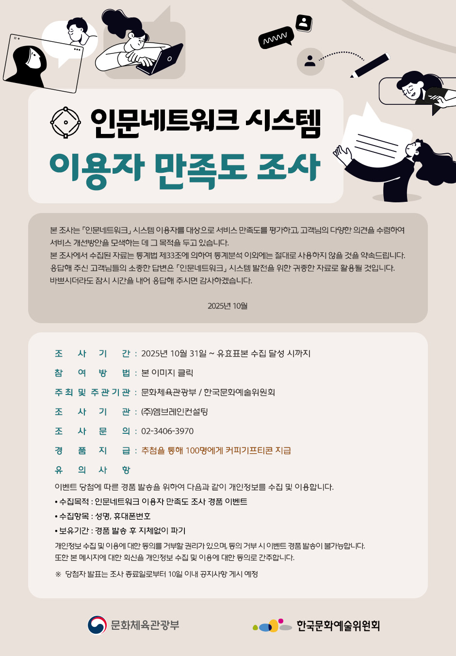 인문네트워크 시스템 이용자 만족도 조사 본 조사는 인문네트워크 시스템 이용자를 대상으로 서비스 만족도를 평가하고,  고객님의 다양한 의견을 수렴하여 서비스 개선방안을 모색하는 데 그 목적을 두고 있습니다. 본 조사에서 수집된 자료는 통계법 제33조에 의하여 통계분석 이외에는 절대로 사용하지 않을 것을 약속드립니다. 응답해 주신 고객님들의 소중한 답변은 인문네트워크 시스템 발전을 위한 귀중한 자료로 활용될 것입니다. 바쁘시더라도 잠시 시간을 내어 응답해 주시면 감사하겠습니다. 2025년 10월 조사기간: 2025년 10월 31일 ~ 유효표본 수집 달성 시까지 참여방법: 본 이미지 클릭 주최 및 주관기관 : 문화체육관광부/한국문화예술위원회 조사기관 : (주)엠브레인컨설팅 조사문의: 02-3406-3970 경품지급: 추첨을 통해 100명에게 커피기프티콘 지급 유의사항 이벤트 당첨에 따른 경품 발송을 위하여 다음과 같이 개인정보를 수집 및 이용합니다. 수집목적 : 인문네트워크 이용자 만족도 조사 경품 이벤트 수집항목 : 성명, 휴대폰번호 보유기간 : 경품 발송 후 지체없이 파기 개인정보 수집 및 이용에 대한 동의를 거부할 권리가 있으며, 동의 거부 시 이벤트 경품 발송이 불가능합니다. 또한 본 메시지에 대한 회신을 개인정보 수집 및 이용에 대한 동의로 간주합니다. ※ 당첨자 발표는 조사 종료일로부터 10일 이내 공지사항 게시 예정 문화체육관광부 한국문화예술위원회