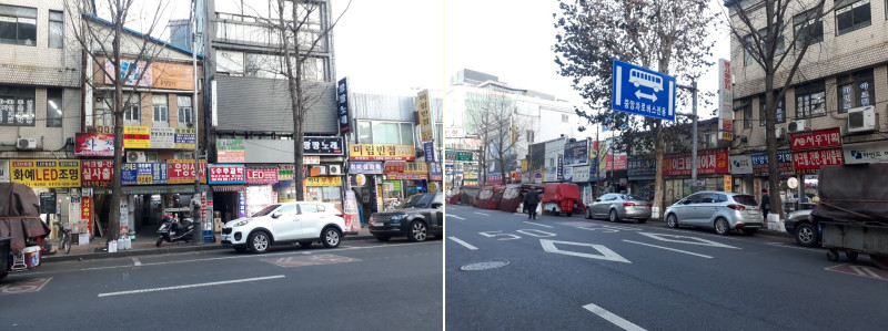 극장 맞은편 거리의 가게들 모습 