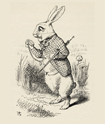 루이스 캐럴의 『이상한 나라의 앨리스』에 나오는 토끼가 회중시계를 바라보는 일러스트