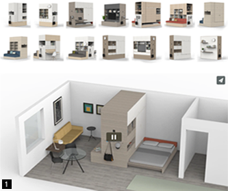 MIT 미디어 랩과 디자이너 이브 베하(Yves Béhar)의 협업으로 디자인된 약 8평 면적의 초소형 아파트(micro apartment)를 위한 오리(Ori) 스마트 가구 시스템