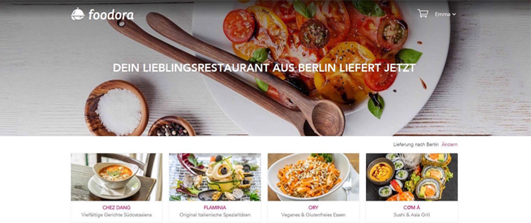 독일에서 출발한 푸도라(foodora) 앱의 한 페이지