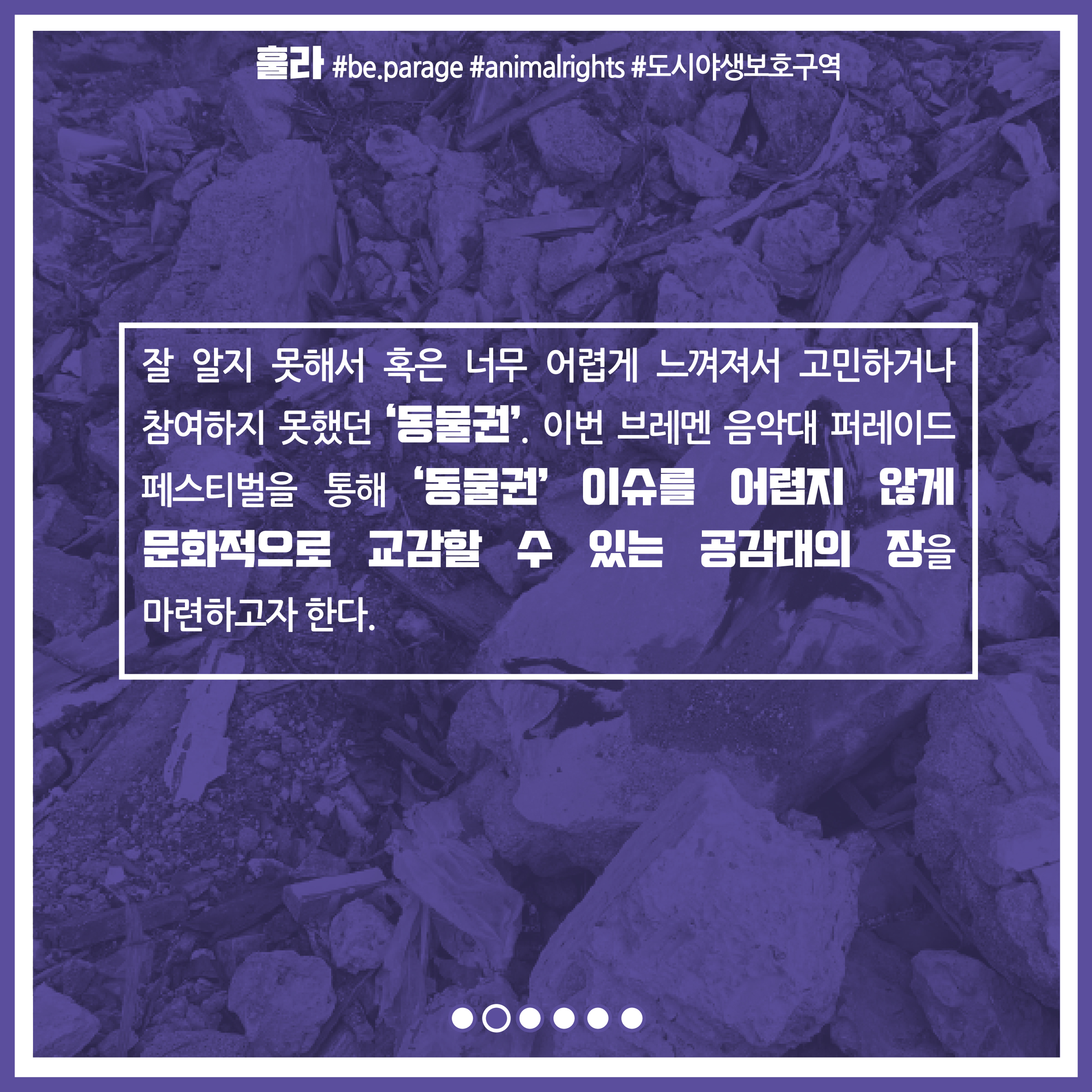 잘 알지 못해서 혹은 너무 어렵게 느껴져서 고민하거나 참여하지 못했던 '동물권'. 이번 브레멘 음악대 퍼레이드 페스티벌을 통해 '동물권' 이슈를 어렵지 않게 문화적으로 교감할 수 있는 공감대의 장을 마련하고자 한다.