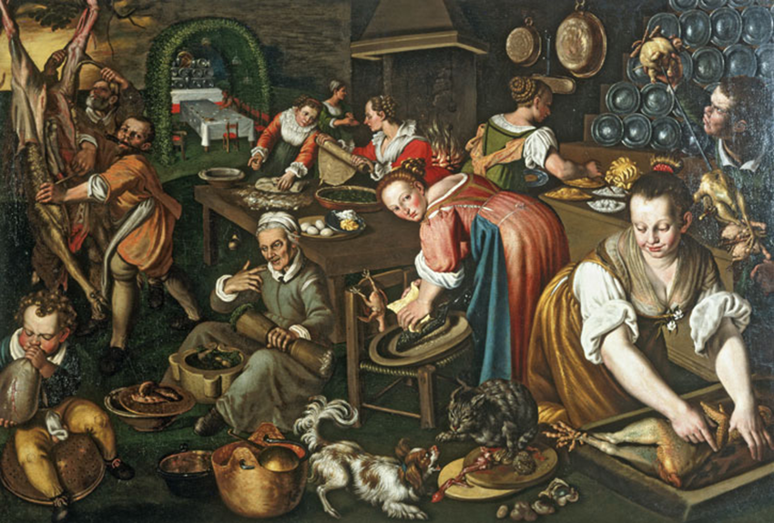 그림은 르네상스 시대 이탈리아의 지체 높은 집안의 주방에서 잔치 요리를 준비하는 하인들의 모습을 묘사