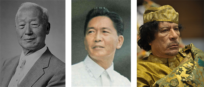 시민들의 저항에 권력을 내놓고 해외로 도피한 여러나라 지도자들(왼쪽부터 대한민국의 이승만 대통령, 필리핀의 페르디난드 마르코스, 리비아의 무아마르 알 카다피)(이미지 출처: 위키백과)