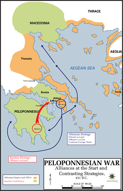 PELOPONNESIAN WAR Alliances at the Start and Contrasting Stratefies, 431 B.C. AEOLIA THRACE MACEDONIA Thessaly Boetia Attica PELOPONNESU