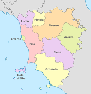 이탈리아 중부에 있는 토스카나 주를 도시별로 구분한 지도