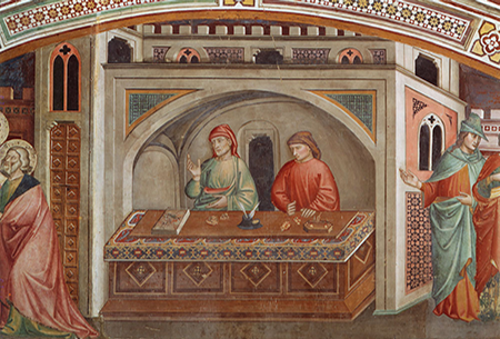 화가 조토(Giotto di Bondone)가 페루치 가문예배당에 그린 프레스코 벽화 중에서 은행업무를 보는 페루치 가족의 모습을 묘사한 것