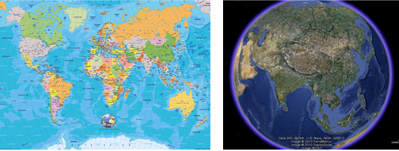 국경이 표시된 세계지도와 인공위성에서 본 지구의 모습 