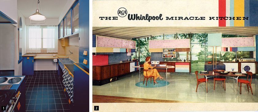 (왼쪽)에른스트 마이(Ernst May)가 추진한 신 프랑크푸르트(Das neue Frankfurt) 복지주거, (오른쪽)월풀 사의 미라클 키친(The RCA Whirlpool Miracle Kitchen)  