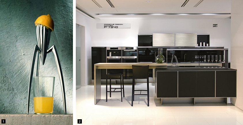 (왼쪽) 1. 1988년 프랑스 디자이너 필립 스탁(Philippe Starck)이 디자인한 현대 디자인 아이콘 ‘쥬시 살리프(Juicy Salif)’ 레몬짜기 기계, (오른쪽) 2.‘남자를 위한 주방’이라는 마케팅 전략을 내걸고 독일의 주방집기 제조업체 포겐폴(Poggenpohl) 사와 포르셰 디자인 스튜디오의 합작으로 2008년 선보인 P’7540 주방 모델 서울 매장 광경. Courtesy:Poggenpohl.