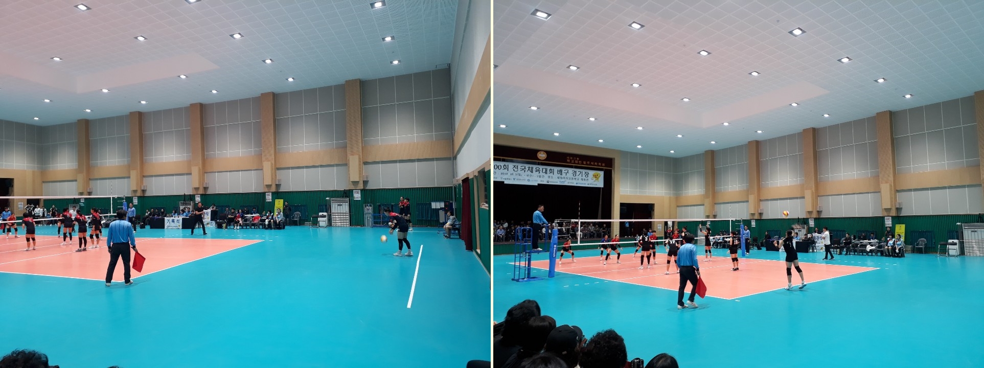 치열하게 경기중인 선수들  / 현수막 문구 : 제100회 전국체육대회 배구 경기장 