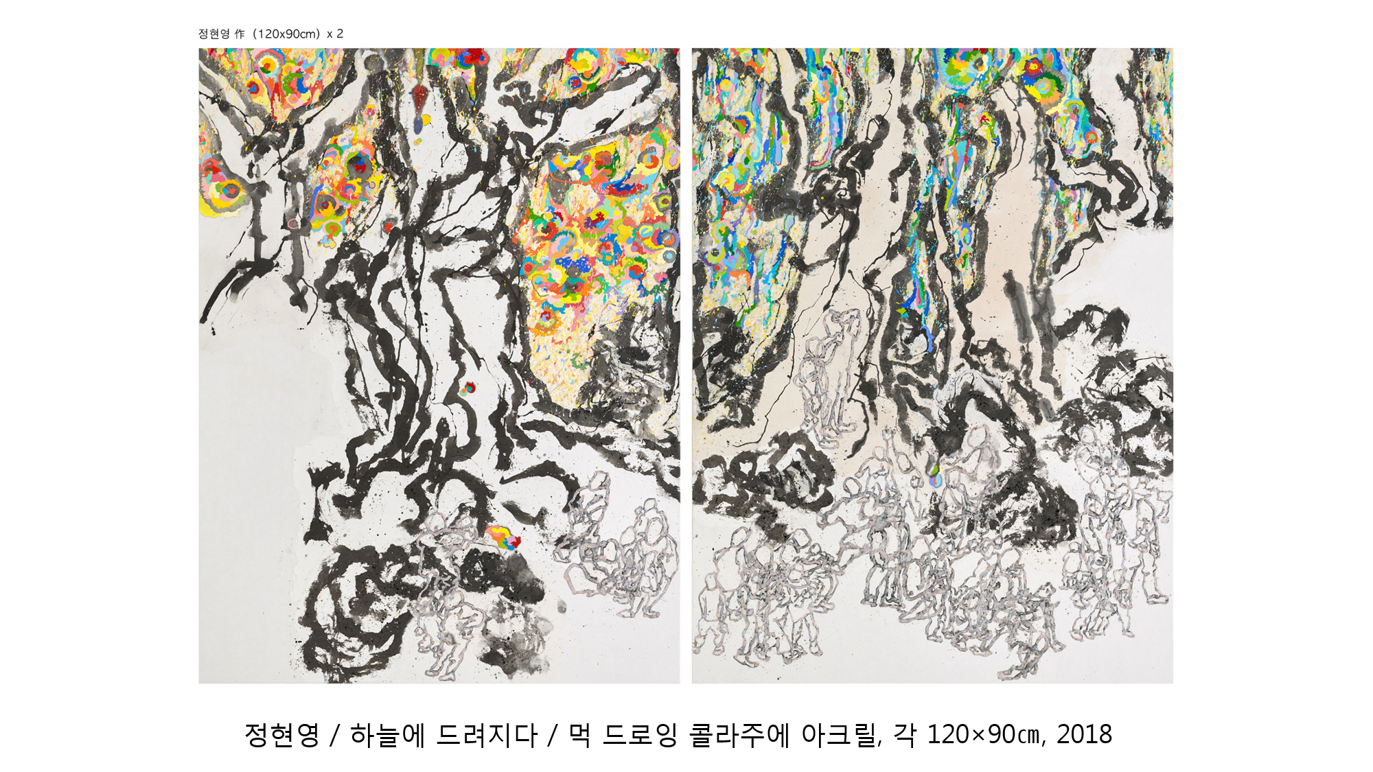 정현영 / 하늘에 드려지다 / 먹 드로잉 콜라주에 아크릴, 각 120x90cm, 2018