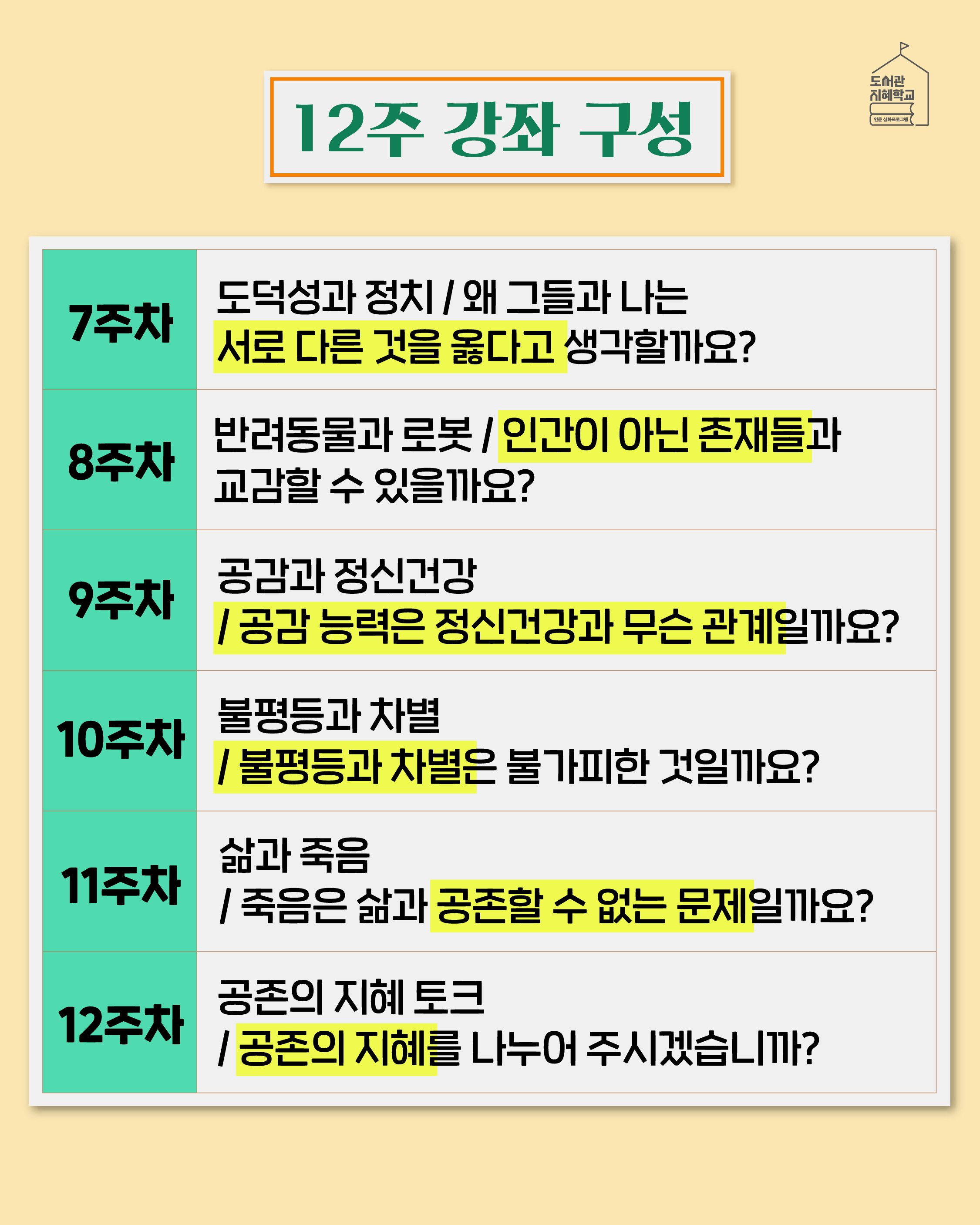 <12주 강좌 구성> 7주차 : 도덕성과 정치/왜 그들과 나는 서로 다른 것을 옳다고 생각할까요? 8주차 : 반려동물과 로봇/인간이 아닌 존재들과 교감할 수 있을까요? 9주차 : 공감과 정신건강/공감 능력은 정신건강과 무슨 관계일까요? 10주차 : 불평등과 차별/불평등과 차별은 불가피한 것일까요? 11주차 : 삶과 죽음/죽음은 삶과 공존할 수 없는 문제일까요? 12주차 : 공존의 지혜토크 공존의 지혜를 나누어주시겠습니까?