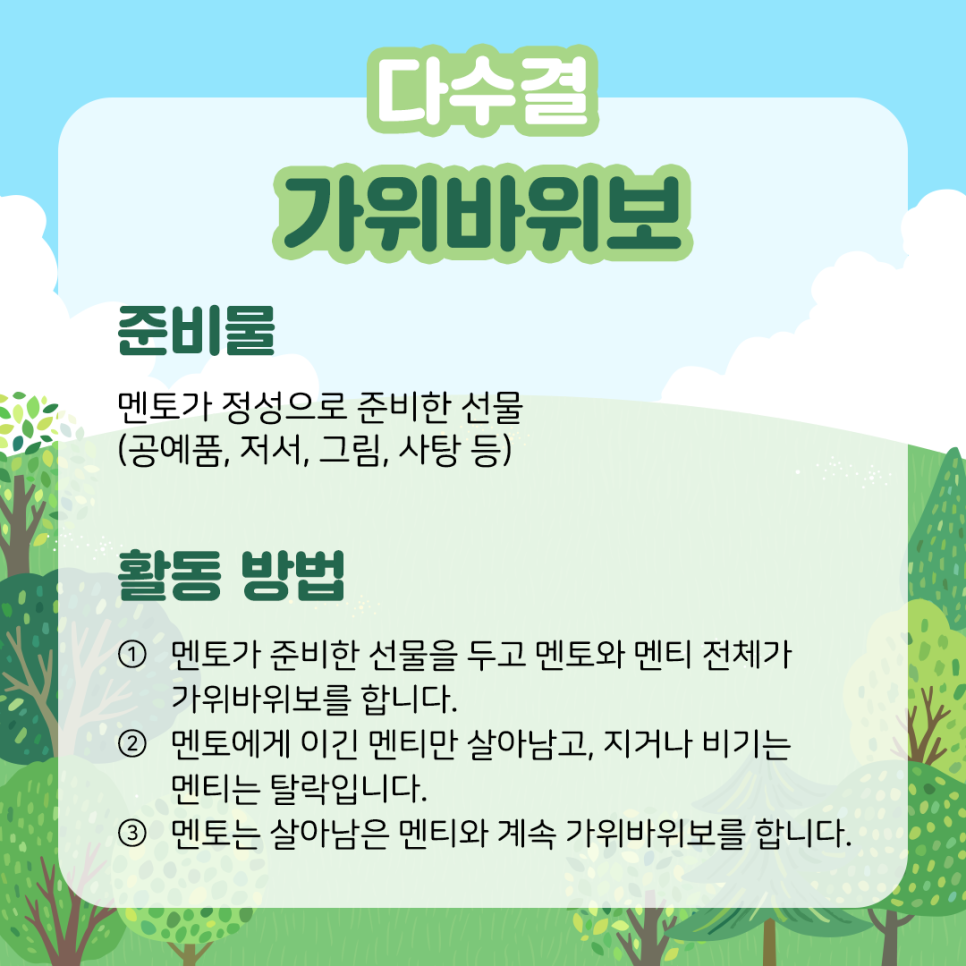 다수결 가위바위보 준비물 멘토가 정성으로 준비한 선물  (공예품, 저서, 그림, 사탕 등) 활동 공간 주변에서 채집한 것들, 매직, 네임펜 활동 방법 ① 멘토가 준비한 선물을 두고 멘토와 멘티 전체가 가위바위보를 합니다. ② 멘토에게 이긴 멘티만 살아남고, 지거나 비기는 멘티는 탈락입니다. ③ 멘토는 살아남은 멘티와 계속 가위바위보를 합니다.