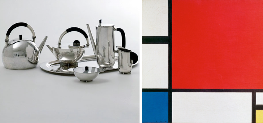 바우하우스의 마리안네 브란트가 디자인한 주전자(1929)와 몬드리안의 신조형주의 회화 ‘빨강, 파랑, 노랑의 구성’(1930년대)