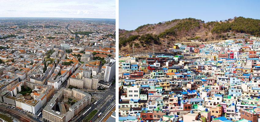 평지에 건물이 빼곡한 유럽의 도시 모습 그리고 산을 깎아 언덕에 집을 지은 우리나라의 도시