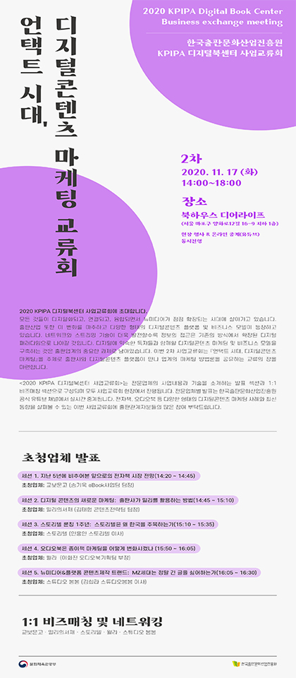 언택트 시대, 디지털콘텐츠 마케팅 사업교류회 2020 kpipa digital book center business exchange meeting 한국출판문화산업진흥원 KPIPA 디지털북센터 사업교류회 2차 2020.11.17(화) 14:00~18:00 장소 북하우스 디어라이프(서울 마포구 양화로12길 16-9 지하1층) 현장 행사 & 온라인 중계(유튜브) 동시진행 2020 KPIPA 디지털북센터 사업교류회에 초대합니다. 모든 것들이 디지털화되고, 연결되고, 융합되면서 뉴미디어가 점점 확장되는 시대에 살아가고 있습니다. 출판산업 또한 이 변화를 마주하고 다양한 형태의 디지털콘텐츠 플랫폼 및 비즈니스 모델이 등장하고 있습니다. 네트워크와 스트리밍 기술이 더욱 발전할수록 정보의 접근은 기존의 방식에서 확장된 디지털 패러다임으로 나아갈 것입니다. 디지털에 익숙한 독자들과 함께할 디지털콘텐츠 마케팅 및 비즈니스 모델을 구축하는 것은 출판업계의 중요한 과제로 남아있습니다. 이번 2차 사업교류회는 언택트시대, 디지털 콘텐츠 마케팅을 주제로 출판사와 디지털콘텐츠 플랫폼이 만나 업계의 마케티 방법론을 공유하는 교류의 장을 마련합니다. <2020 KPIPA 디지털북센터 사업교류회>는 전문업체의 사업내용과 기술을 소개하는 발표 섹션과 1:1 비즈매칭 섹션으로 구성되며 모두 사업교류회 현장에서 진행됩니다. 전문업체별 발표는 한국출판문화산업진흥원 공식 유튜브 채널에서 실시간 중계됩니다. 전자책, 오디오북 등 다양한 형태의 디지털콘텐츠 마케팅 사례와 최신 동향을 살펴볼 수 있는 이번 사업교류회에 출판관계자분들의 많은 참여 부탁드립니다. 초청업체 발표 세션1. 지난 5년에 비추어본 앞으로의 전자책 시장 전망(14:20~14:45) 초청업체: 교보문고(송기욱 eBook사업팀 팀장) 세션2.디지털콘텐츠의 새로운 마케팅: 출판사가 밀리를 활용하는 방법(14:45~15:10) 초청업체: 밀리의서재(김태형 콘텐츠전략팀 팀장) 세션3. 스토리텔 론칭 1주년: 스토리텔은 왜 한국을 주목하는가(15:50~16:05) 초청업체 윌라(이화진 오디오북기획팀 부장) 세션5. 뉴미디어&플랫폼 콘텐츠제작 트랜드: MZ세대는 정말 긴 글을 싫어하는가(16:05~16:30) 초청업체: 스튜디오 봄봄(김희라 스튜디오봄봄 이사) 1:1 비즈매칭 및 네트워킹 교보문고, 밀리의서재, 스토리텔, 윌라, 스튜디오 봄봄 문화체육관광부 한국출판문화산업진흥원  