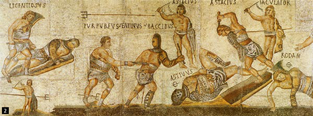 로마 시내 거리에 나붙었던 글래디에이터 전투를 광고하는 모자이크 그림
