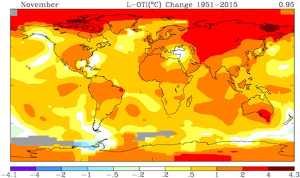 1951~2015 사이의 지구 표면의 평균 기온 변화 (이미지 출처: NASA GISS. 나사 고다드 우주연구소)